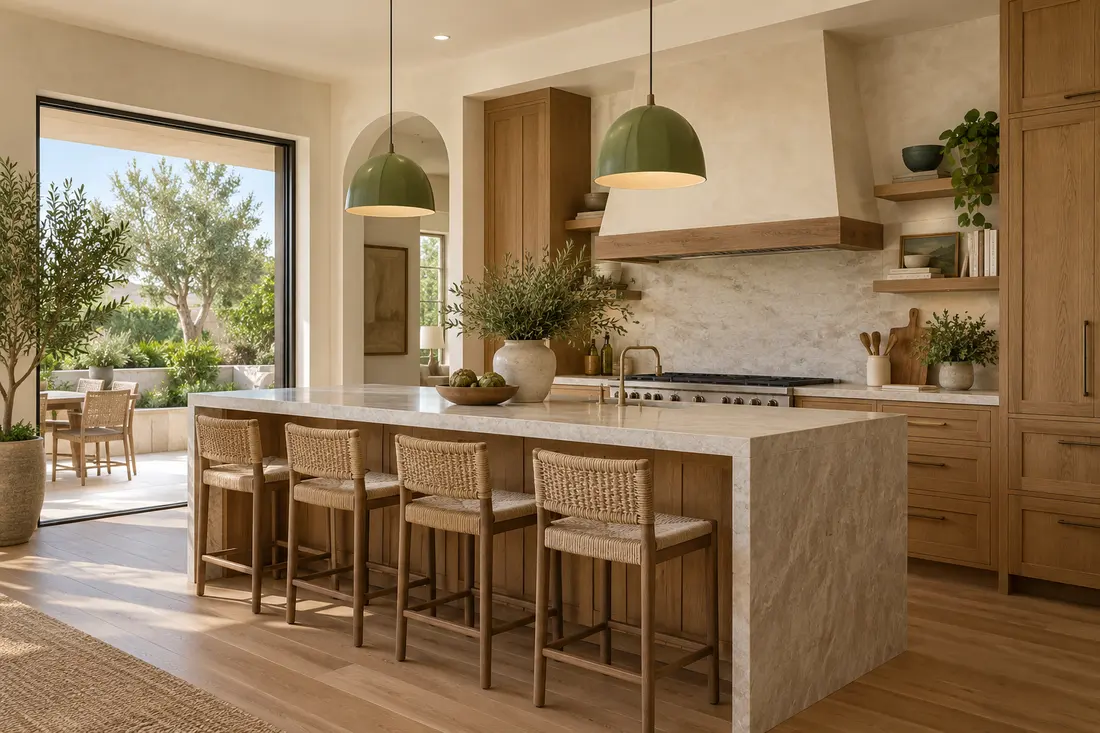 Warm morning light across a stone kitchen island and oak cabinetry