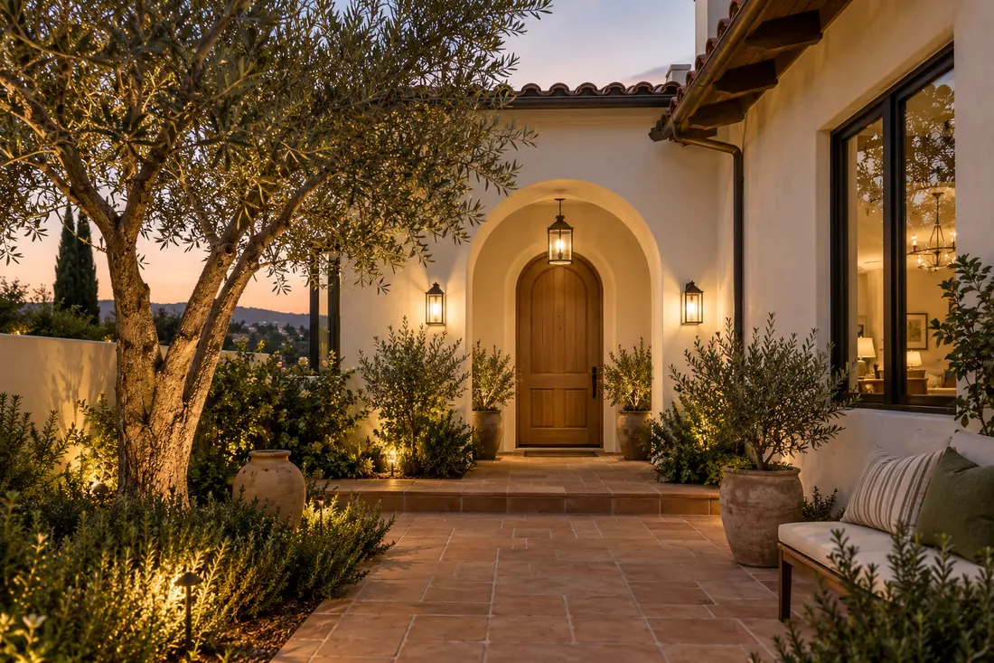 Arched courtyard entry with an oak door and olive tree