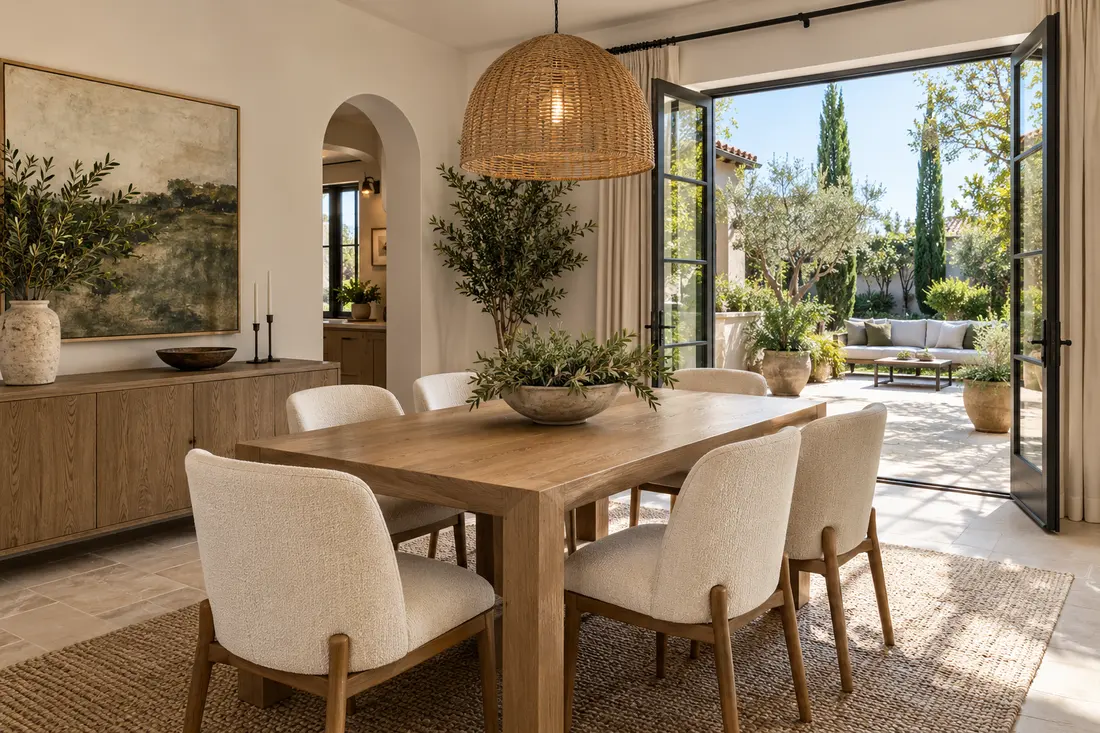 Oak dining table and upholstered chairs beside an open patio