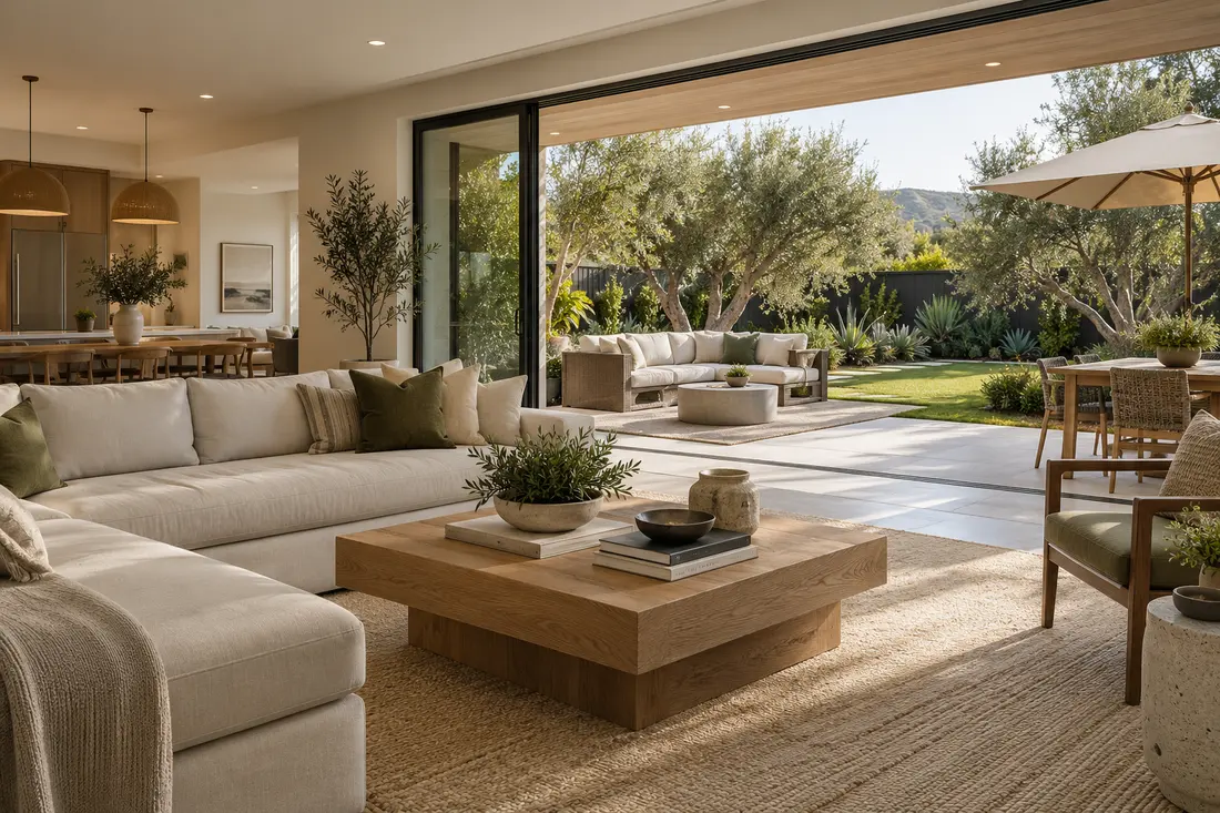 Sunlit living room opening onto a private garden