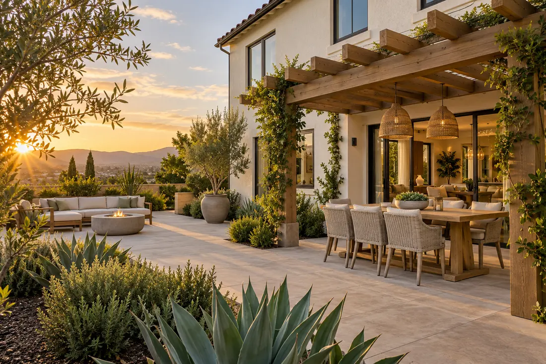 Outdoor dining beneath a wood pergola behind a stucco home