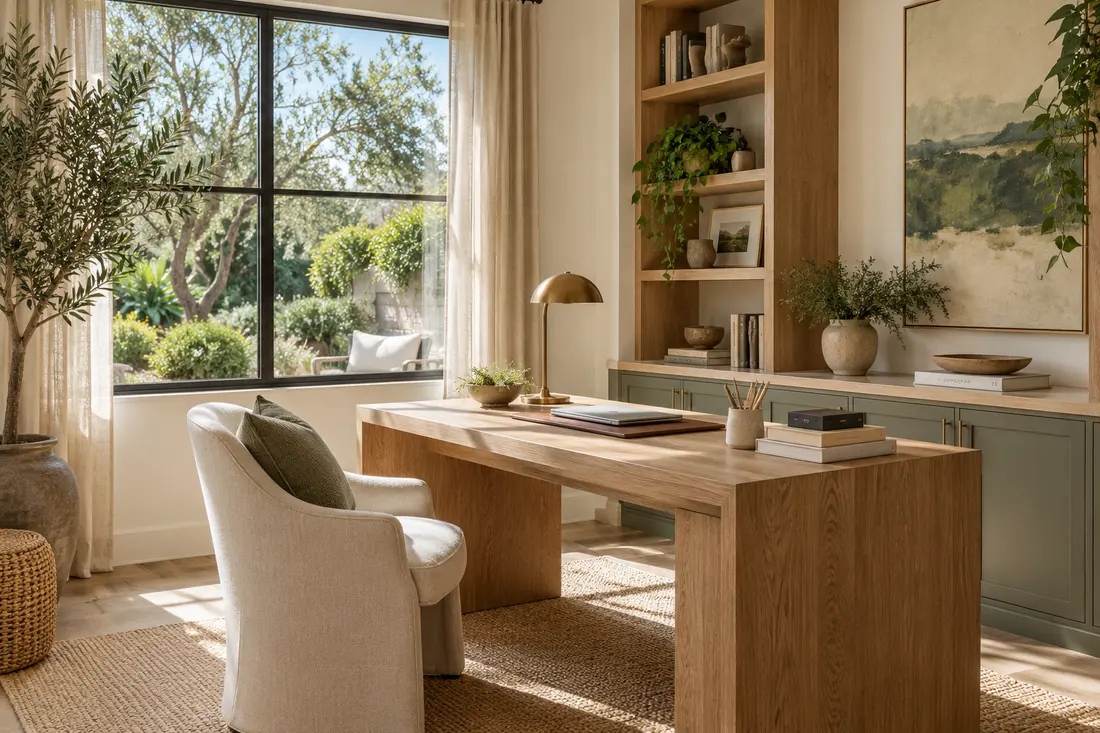Oak desk and bookshelves beside a garden window