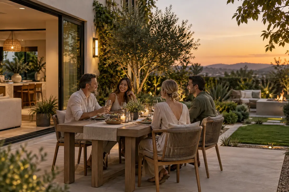 Friends sharing an evening around an outdoor garden dining table