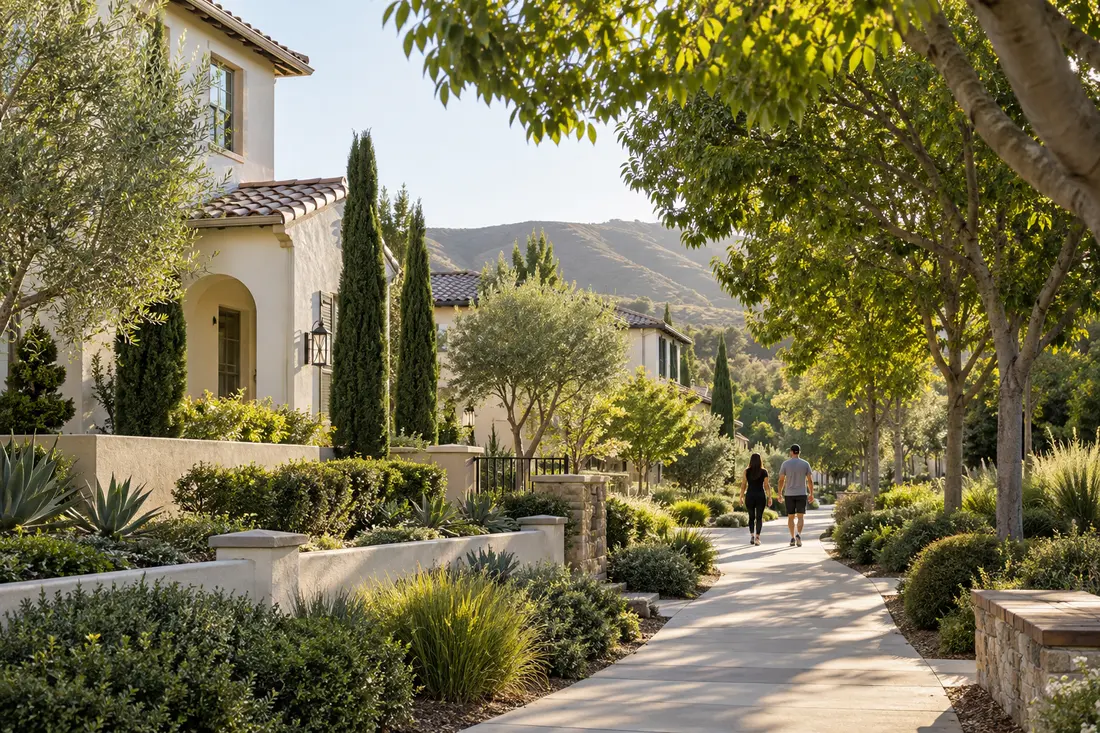 A landscaped residential walking path beneath leafy trees