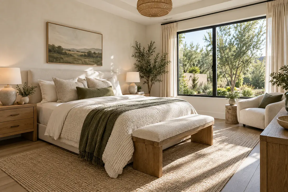 Cream bedding and oak furnishings in a sunlit bedroom
