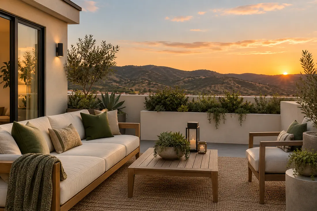 Terrace seating overlooking inland hills at sunset
