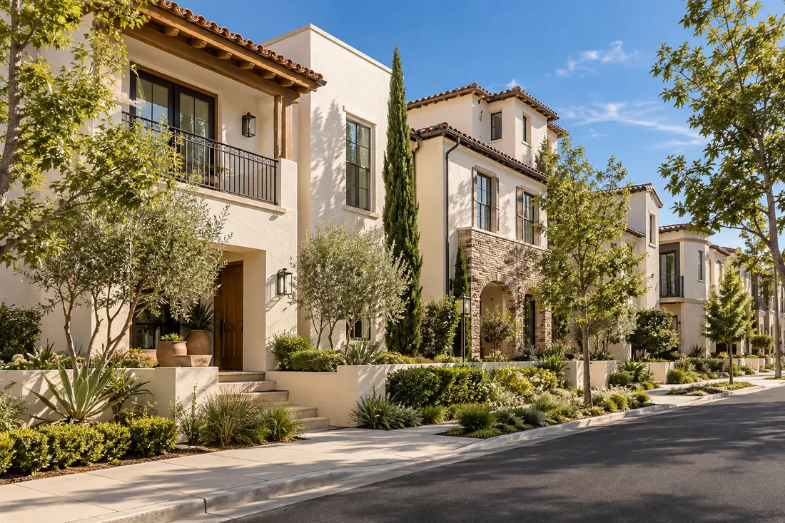 Contemporary townhomes with small landscaped front gardens